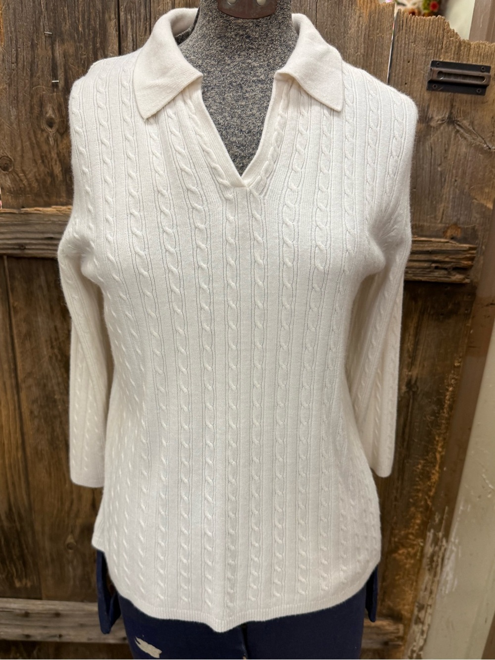 Sag Harbor Cream Cable V-Neck Polo Sweater
